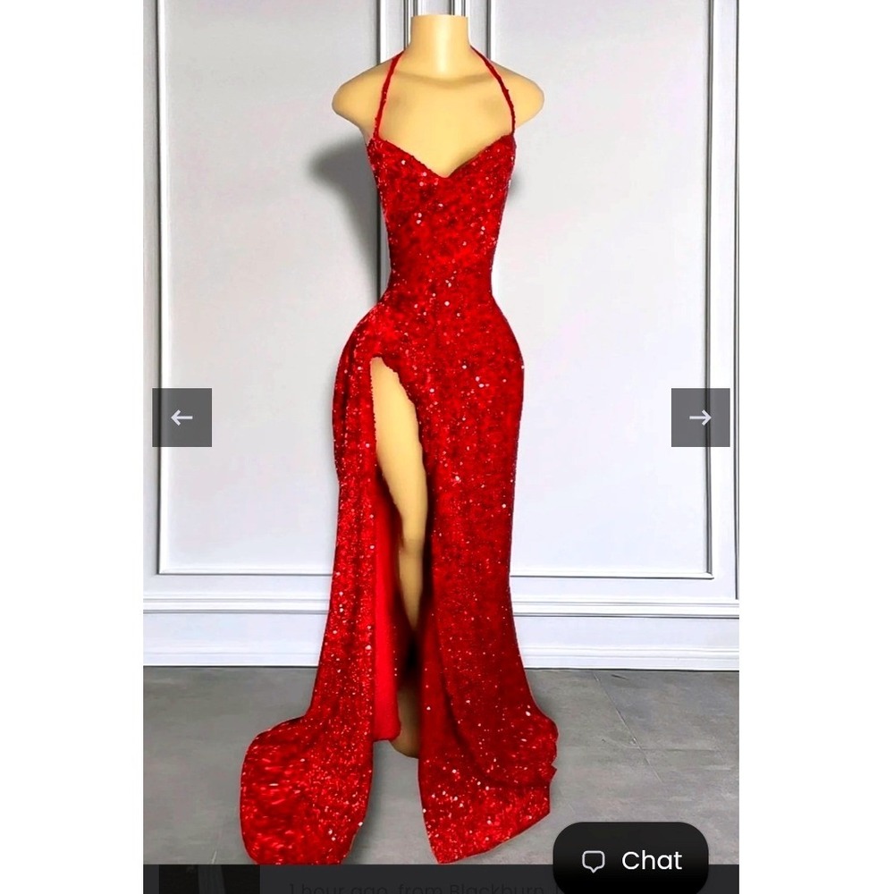 Red Velvet Sequin High Slit Formal Evening Gown Lace Up Corset Back Prom Dress M